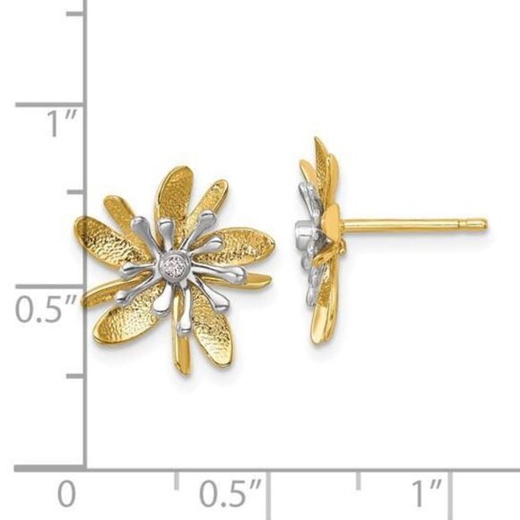 Herco 14K Two-tone Polished and Textured Diamond Flower Post Earrings - Picture 4 of 5
